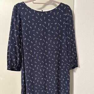 Amour Vert Navy Blue Silk Shift Dress 3/4 Sleeves Women's Small